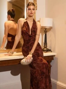 Poéselle Abito aderente di media lunghezza con stampa floreale, scollo a V profondo e schiena scoperta, di moda e sexy - Marrone ruggine - Visualizzare 7