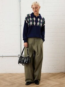 COUREZ Oversized Jacquard Arglye Knit Polo Long Sleeve Top With Button Front /Y2K Going Out Outfits Fall Women Clothes Winter Clothes For Women Gothic Club Outfits Women Sexy