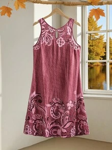 EMERY ROSE Đầm suông hở cổ in hoa cỡ lớn cho nữ - Gỗ đỏ - Xem 2