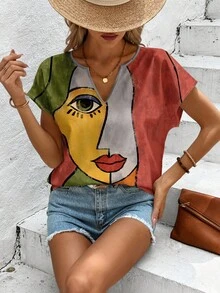Sylviya Casual Full Print Portrait Pattern Women V-Neck Shirt, Suitable For Summer,Short Sleeve Tops Suitable For Going Out Chic Blouses For Women