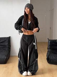 Coolane 女式夏季外出节返校节比赛日刺绣图案宽松工装裤 - 黑色 - 查看 6