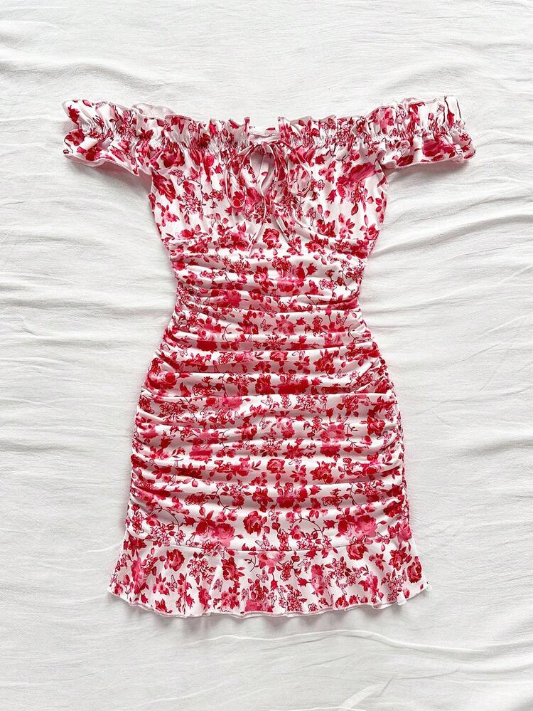 Soleia Vestido mini ajustado con hombros descubiertos, volantes y lazo delantero con estampado floral para vacaciones de verano de mujer - Rojo y blanco - Añade 4