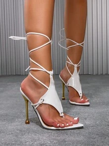 CUCCOO SZL New Women's Elegant Peep Toe Lace-Up High Heel Sandals For Christmas Spring Shoes Prom Heels Summer Shoes - White - View 2