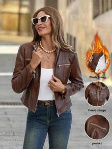Solivie 女士秋冬仿皮棕色夹克，拉链款，复古风，适合整个冬季和秋季穿着 - 摩卡棕 - 查看 8