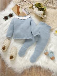 2 件新生儿毛衣套装：荷叶边领长袖套头衫 + 休闲打底裤，时尚甜美婴儿装 - 淺藍色 - 查看 2