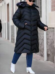 EURMUSE Plus Size Women's Zip Up Fuzzy Trim Hooded Puffer Coat, For Winter