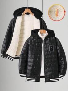 SHEIN 男童休闲加厚保暖连帽拉链防风外套，适合上学、花园、海滩、生日等各种场合，春、夏、秋、冬皆宜。男童冬季外套、男童连帽羽绒服、男童保暖外套、男童黑色秋季外套 - 黑色 - 查看 1