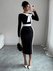 Elenzga Women's Vintage Elegant Date Night/Work Dress, Contrast Color Bowknot Waist Little Black Dress, Autumn/Winter, Christmas - Black and White - View 4