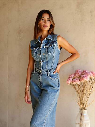 EURMUSE Woman Sleeveless Denim Button Up Midi Dress Denim Midi Dress Women Jean Dress Denim Sleeveless Dress Denim Button Down Dress Split Denim Dress