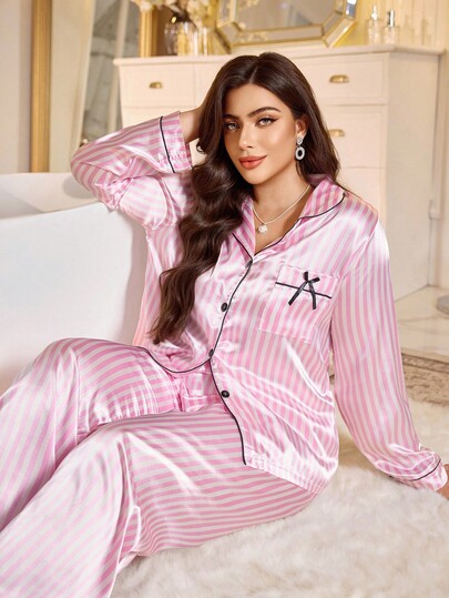 Plus Striped Print Contrast Piping Satin PJ Set / Pajama Set, Fall Winter Clothes Cozy And Elegant Details