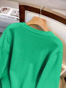 SHEIN LUNE Women's Round Neck Single-Breasted Casual Elegant Plus Size Long Sleeve Cardigan Winter - Green - View 3
