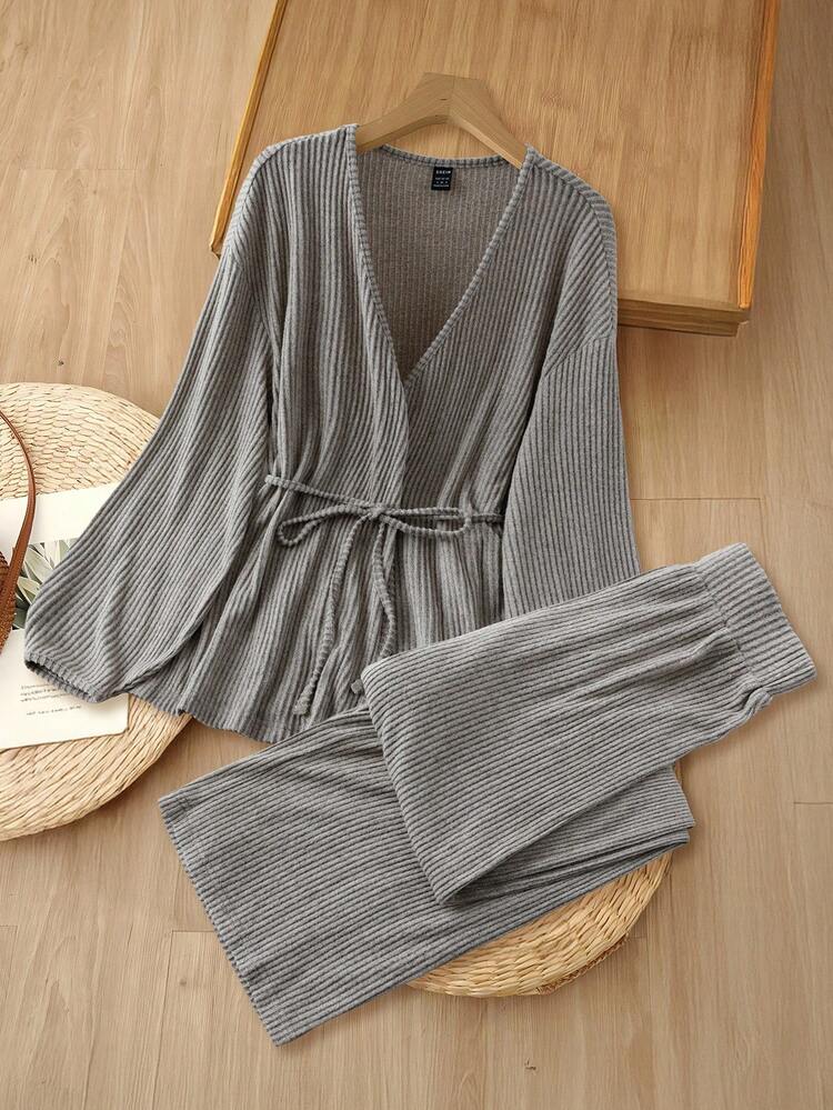 Minimalist Casual Solid Color Textured V-Neck Tie Knit Top And Loose Knit Pants Set Winter Clothes For Women Thanksgiving Outfit For Women Elegant Women's Set,Cozy Fall And Winter Clothes For Women
