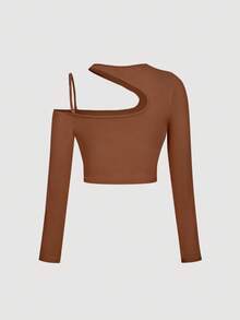SHEIN MOD Plus Size Women Asymmetric Strap Long Sleeve Solid Color T-Shirt - Brown - View 2