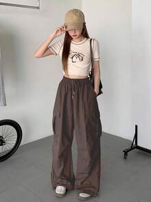DAZY 女士纯色抽绳腰部工装口袋阔腿宽松休闲裤 - 棕色 - 查看 2
