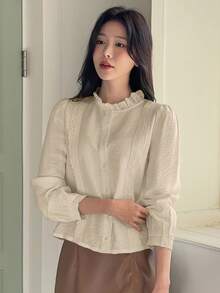 DAZY Elegant Stand Collar Puff Sleeve Women Blouse Long Sleeve Top