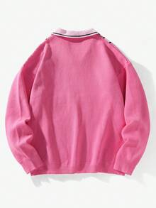 Manfinity EMRG Men's Casual Loose Fit Letter & Striped Pattern Pink Long Sleeve Sweater, Autumn