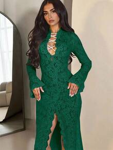 Zolique 秋季新款优雅女士深V吊带喇叭长袖毛边厚蕾丝开领连衣裙适合派对、婚礼、约会、郊游 - 綠色 - 查看 4