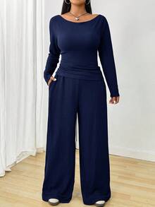 Solflare 藏青色加大码女装圆领长袖修身休闲上衣和直筒裤两件套阔腿裤套装舒适两件套2件休闲套装女 - 藏蓝色 - 查看 4