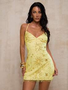 Glamine Women's Mesh Backless Tie Strap Elegant Romantic Sexy Date Dress Party Dress Yellow Dress Yellow Sequin Dress - Gold - View 6