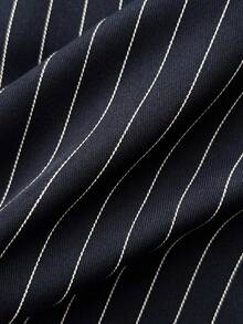 Elamini Bộ 2 áo sơ mi tay dài hở ngực kẻ sọc xanh navy và chân váy ngắn ôm sát, trang phục đi làm hàng ngày, trở lại trường, phong cách đại học - Màu xanh hải quân - Xem 5