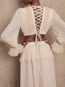 SHEIN Privé VITNOS Peach Pink Elegant Wedding Dress For Women, Lace V-Neck Long Sleeve Flared Gown,Autumn High-End Luxury Evening Party Prom Graduation - Apricot - View 11
