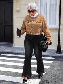 EMERY ROSE Plus Size Women's Vintage Washed Denim Jacket, Autumn - Coffee Brown - View 6