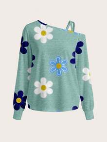 SHEIN LUNE 1 Stück Damen Lässig Retro Blume Muster Langarm T-Shirt, geeignet für Herbst/Winter