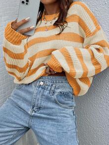 EMERY ROSE Women Casual Striped Pullover Sweater Multicolor Rib Knit Round Neck Drop Shoulder Long Sleeve Regular Length Sweater For Women Pullover For Women Orange Sweater Yellow Sweater - Multicolor - View 4