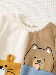 Cozy Pixies Bộ 2 quần jogger cạp chun co giãn họa tiết động vật hoạt hình cho bé trai, màu tương phản, lót nỉ giữ nhiệt, cổ tròn, áo nỉ dệt kim mềm mại - Màu be - Xem 3