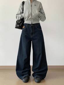 DAZY 女士直筒休闲纯色牛仔裤，宽松牛仔裤 - 藍色 - 查看 5