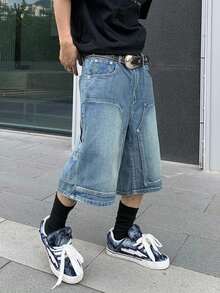 Manfinity EMRG 休闲宽松纽扣口袋阔腿男士牛仔短裤 - 藍色 - 查看 6