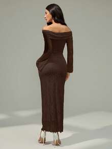 Modelyn Đầm dài tay trễ vai thời trang đi nghỉ thường ngày cho nữ - màu nâu - Xem 2