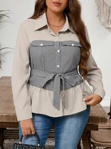 Lacomfia Chaqueta larga de mujer de talla grande, elegante, casual y cómoda con diseño de patchwork - Caqui - Ver 1