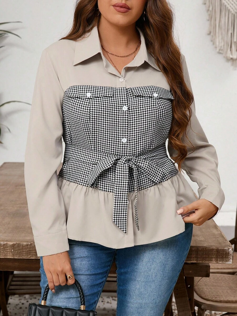 Lacomfia Chaqueta larga de mujer de talla grande, elegante, casual y cómoda con diseño de patchwork - Caqui - Ver 1