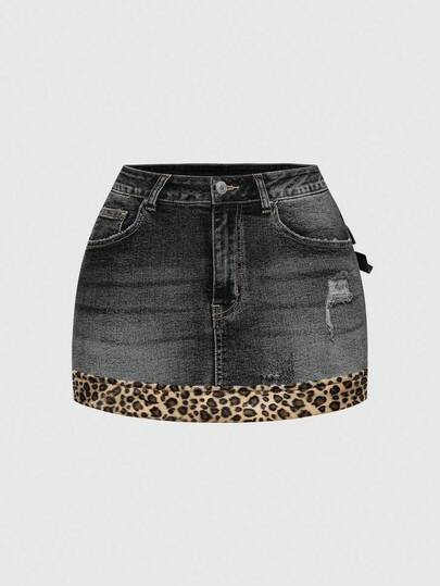 Kawaii Y2K Subculture Retro Sexy Leopard Print Patchwork Bow Denim Mini Skirt For Women