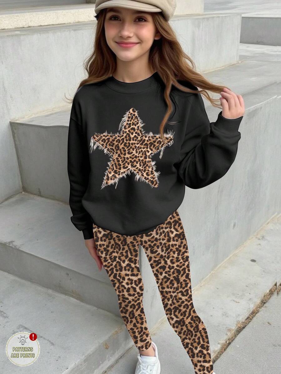 SHEIN Leap Crew Tween Girl Black Autumn Casual School Back-To-School Leopard Print & Star Pattern Crew Neck Long Sleeve Sweatshirt And Leggings 2 Pieces Set,Vintage - Multicolor - View 1
