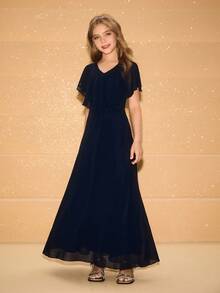 Girls' Chiffon Sleeveless Ruffle Hem Dress, Suitable For Flower Girl, Wedding, Prom, Birthday Party, Christmas, Halloween, Back To School, Graduation Fall Winter - Blue - View 5