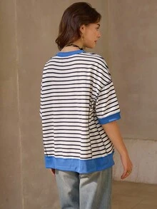 Wildy 休闲美式乡村风蓝色条纹宽松中袖卫衣，蓝白条纹上衣，女士半袖上衣，学院风条纹上衣，蓝白条纹上衣，女士西部牛仔风上衣，乡村教师风上衣，适合秋冬季外出穿着 - 藍色 - 查看 5