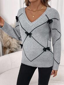 Editum Women's V-Neck Long Sleeve Loose Gray/Black Bow Elegant Everyday Pullover Sweater, Autumn/Winter,Fall Spring Summer Elegant - Grey - View 8