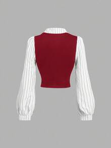 SHEIN MOD 女士勃艮第红和白色条纹印花二合一长袖衬衫，商务休闲，长袖衬衫，白色女式衬衫， - 酒紅色 - 查看 2