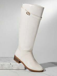 SHUZIA Women's Glamorous Comfortable Round Toe Block Heel Knee-High Boots With Inner Zipper - White - View 3