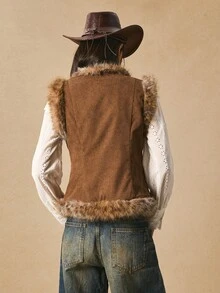 Easelle Veste sans manches vintage avec col en fourrure, laçage à œillets, style nomade. Gilet en fourrure pour femmes, vêtements western, Top en fourrure, hauts western pour l'automne/l'hiver - Tabac - Voir 2