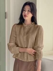 DAZY 优雅立领泡泡袖女式长袖衬衫 - 駝色 - 查看 2