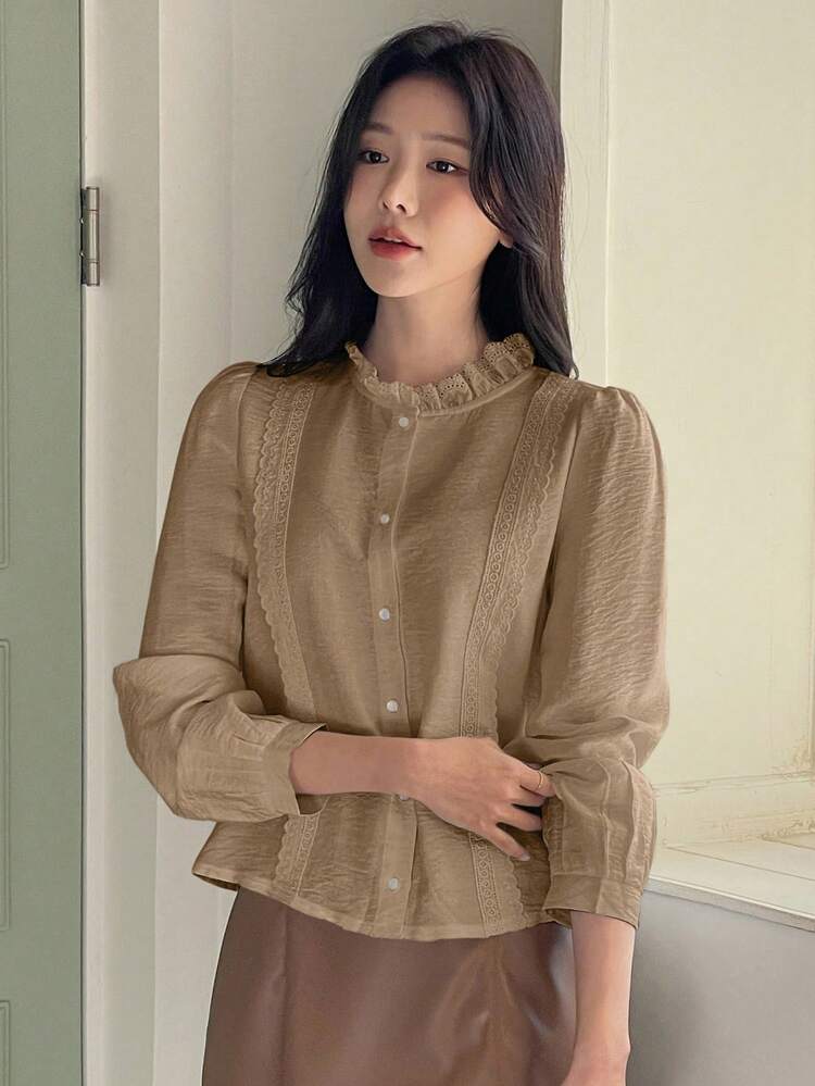 Elegant Stand Collar Puff Sleeve Women Blouse Long Sleeve Women