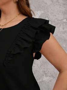 SHEIN Clasi 加大码女式夏季方领双层荷叶袖后背蝴蝶结装饰上衣 - 黑色 - 查看 3