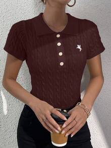 RosyDaze Blusa de punto de manga corta de unicolor y estilo minimalista, para uso diario - Café integral - Ver 4