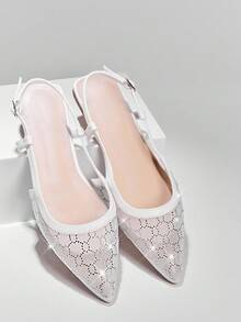 SHUZIA 女士白色网眼水钻尖头露跟平底鞋——优雅闪耀，舒适舒适。婚礼、派对或日常造型的完美之选，更添时尚气息。 - 白色 - 查看 2