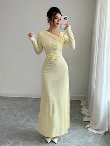 Elenzga Women's Oblique Collar Long Sleeve Textured Striped Pleated Waist A-Line Casual Dress,Pale Yellow,Autumn,Elegent,Party Versatile Fall Cloth For Women - Yellow - View 3