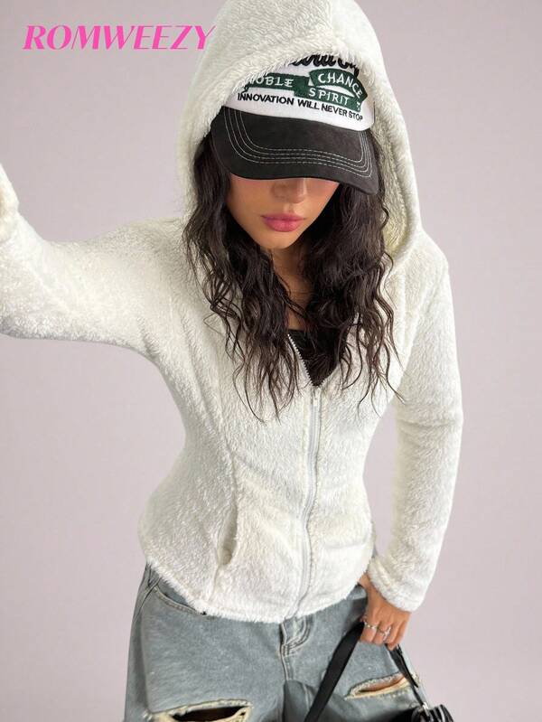 Teenager Mädchen Jacke mit Kapuze und Reißverschluss, weicher Fleecefutter für Wärme, praktisches Reißverschlussdesign, einfarbiger Stil, geeignet für Schule, Pendeln oder Wochenendausflüge, warm und modisch für Herbst/Winter