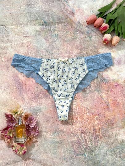 FloralLove Calcinha Plus Size de Renda Floral Patchwork, Macia e Confortável, Azul Claro, Adequada para Uso Diário, Férias, Volta às Aulas